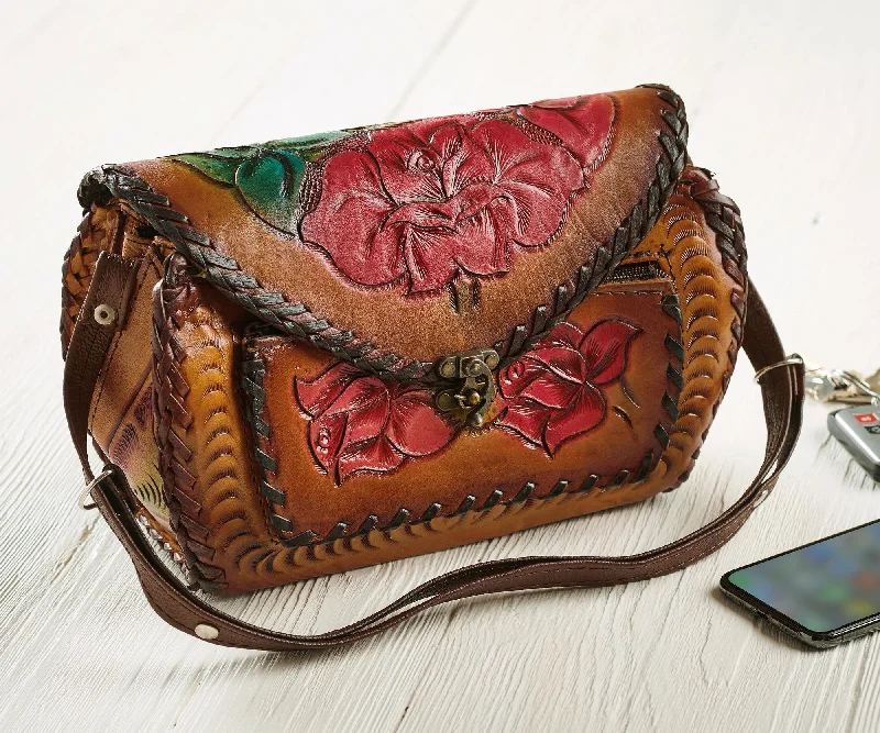Red Flower Tooled Leather Barrel Classic Bags, Exclusive Deals