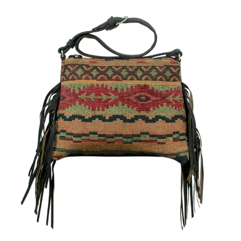 Hand Woven Tapestry Zip Top Shoulder Bag with Fringe - Chocolate and Red