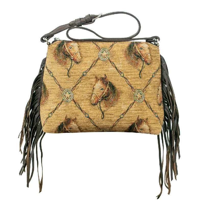 Hand Woven Tapestry Zip Top Shoulder Bag with Fringe - Chocolate and Tan