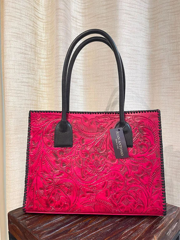 Juan Antonio Red Floral Embossed Leather Tote Luxury Bags, Budget Prices
