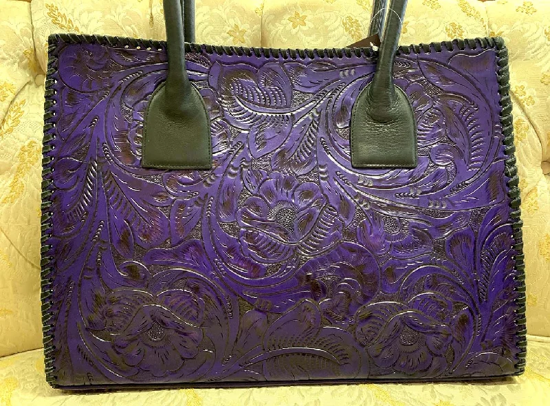 Juan Antonio Floral Embossed Purple Leather Tote Flash Sale On Handbags
