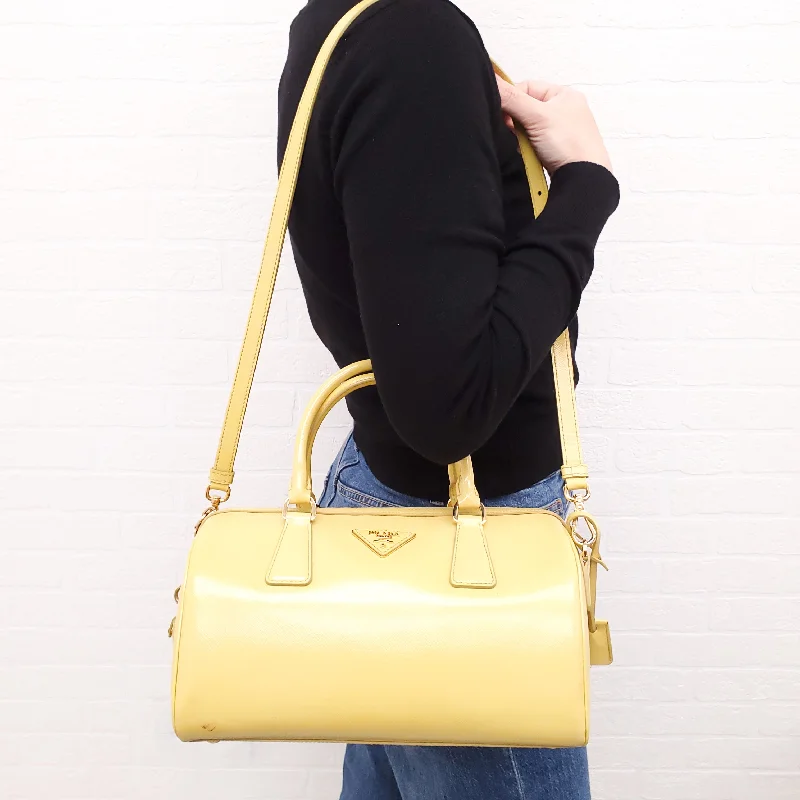 PRADA YELLOW PATENT SAFFIANO VERNICE HANDLE BAG