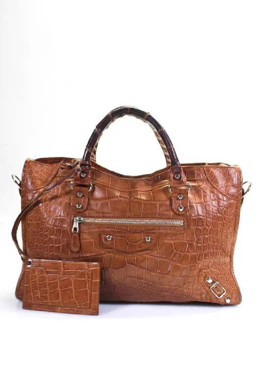 Balenciaga Womens Motocross Classic City Crocodile Tote Handbag Brown