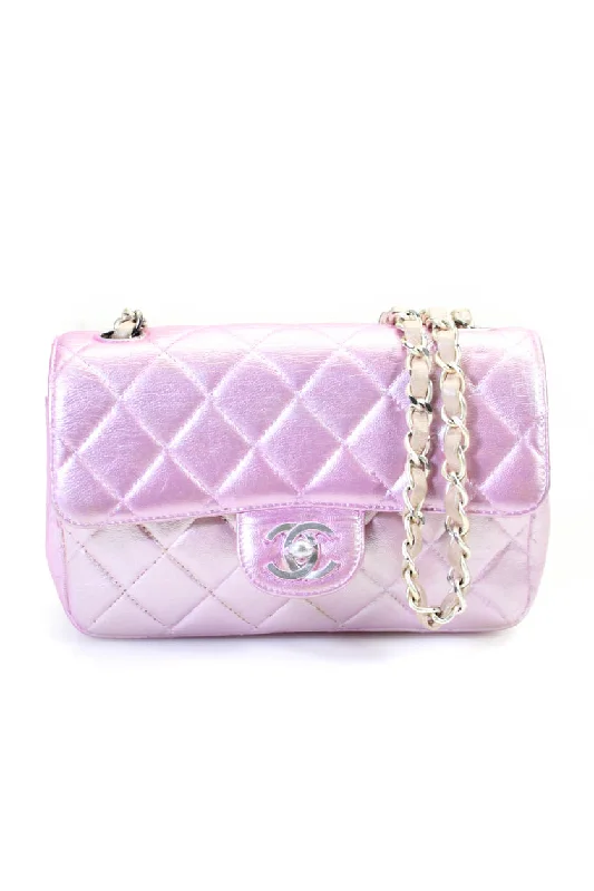 Chanel Womens Quilted Pearlescent Leather Faux Turnlock Crossbody Handbag Pink