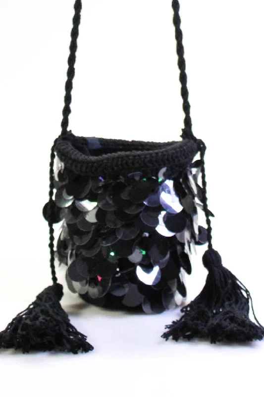 Nannacay Crocheted Tassel Paetes Mini Oak Bag Handbag Black