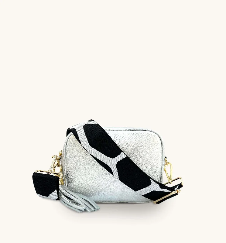 The Tassel Silver Leather Crossbody Bag With Black & White Giraffe Strap